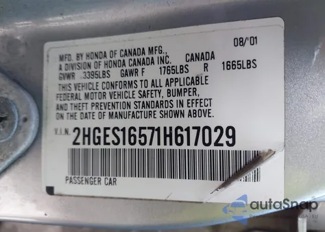 2001 Honda Civic Lx из США, поврежденный, VIN 2HGES16571H617029